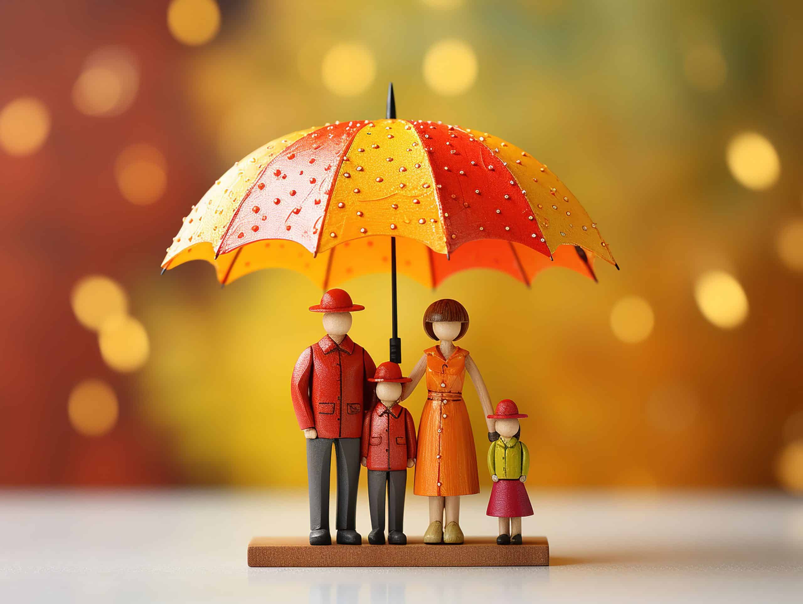 Une famille protégée des aléas de la vie sous un grand parapluie.